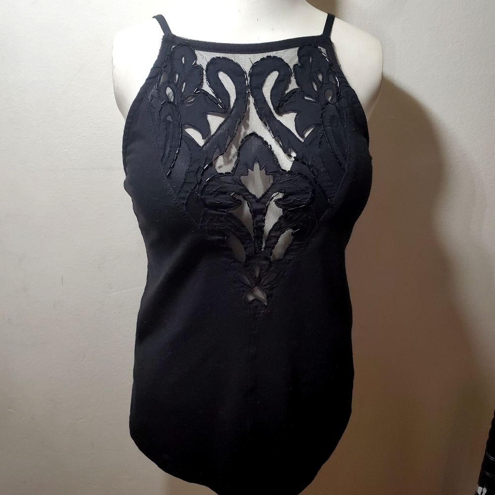 Free People Mesh Beaded Deep V neck Tank Top